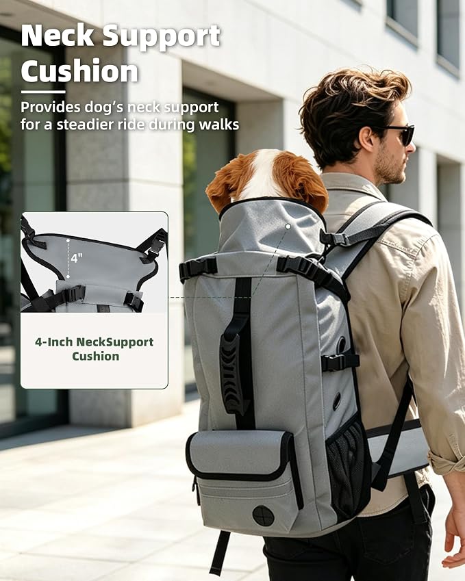 Breathable Dog Hiking Backpack Carrier for Large Dogs, Grey | 4-Layer Protection, Adjustable Dog Backpack with Storage Pockets, Reflective Strips, 3D Ergonomic Support, Under 50 lb