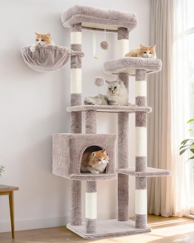 Gitelsnour Cat Tree for Indoor Cats, 55.1 inch Cat Tower with 7 Sisal Scratching Posts, Multi-Level Cat Condo wit Large Play Platform Furry Ball, Cat Cave, 2 Padded Perches, Basket, Mushroom GCT013MU