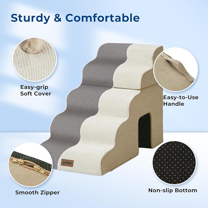 ZOMISIA Dog Ramp for High Beds with Tunnel, 29" H 6 Steps for Large Dog | Tunnel 2 in 1 with Zippers, Suitable for Short-Legged Dogs Get on Bed, Non-Slip Durable Dog Steps with High-Density Foam