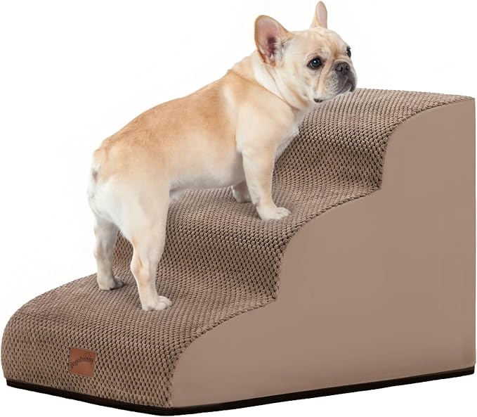 GoGoBunny Ramp Dog Stairs for Couch Sofa and Chair 15.7" H, 3-Step Pet Steps for Small Dogs and Cats, Non-Slip Waterproof Fabric Cover, Stable and Balanced Indoor Step, Pets Friendly, Camel
