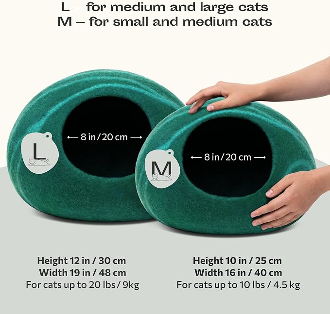 Cat Cave – Premium Felt Cat Bed Enclosure for Indoor Cats, Handmade Merino Wool (Emerald, Large)