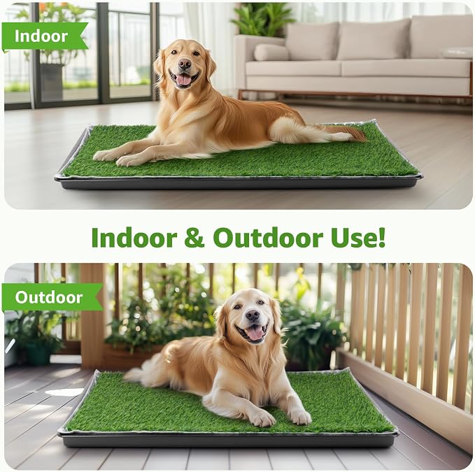 LOOBANI Large Dog Grass Pad with Tray - 47.6x29.2in for Balcony Apartment | Dog Potty with 2 Artificial Grass & 2 Washable Pee Pads for Replacement, Quick-Absorbency, Easy to Clean, Indoor/Outdoor Use