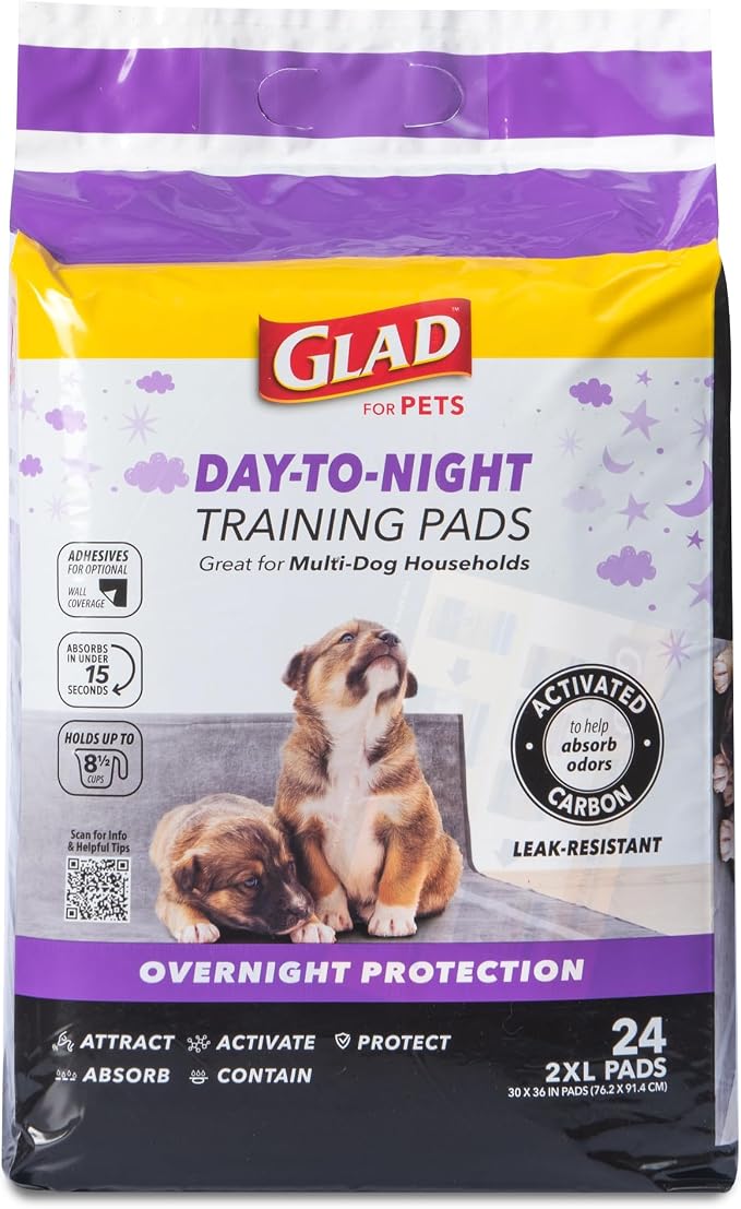 Glad for Pets Giant Activated Carbon Training Pads, 30 x 36 In, 24 Ct, 6-Pk | Adhesive backing and wall protection for leak-proof, super-absorbent day-to-night coverage