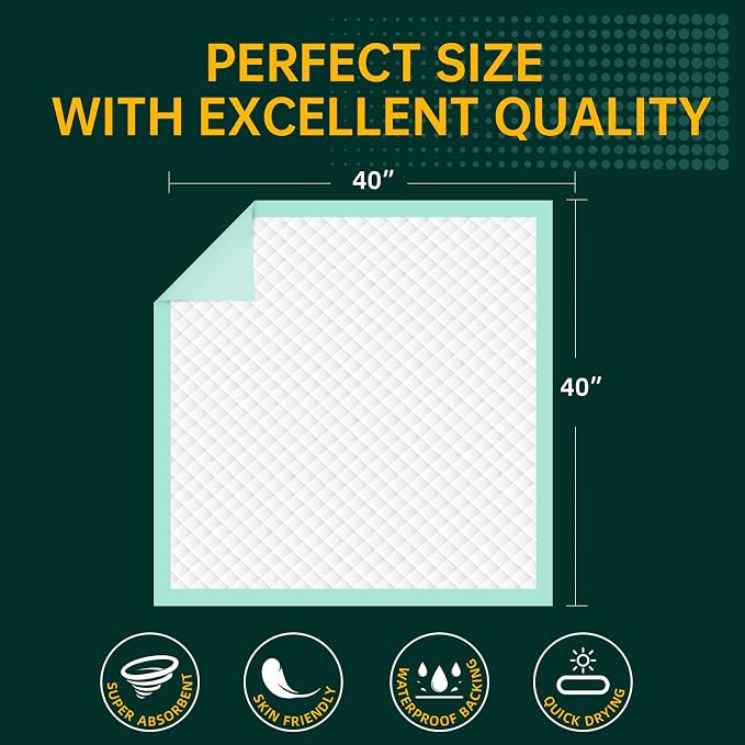MILDPLUS Disposable Bed Pads 40"X40" Extra Large Pee Pads for Incontinence 140 Gram Heavy Duty Super Absorbent Underpads Waterproof Chucks Pads for Adults, Elderly or Pets [100x100CM, 25pcs]