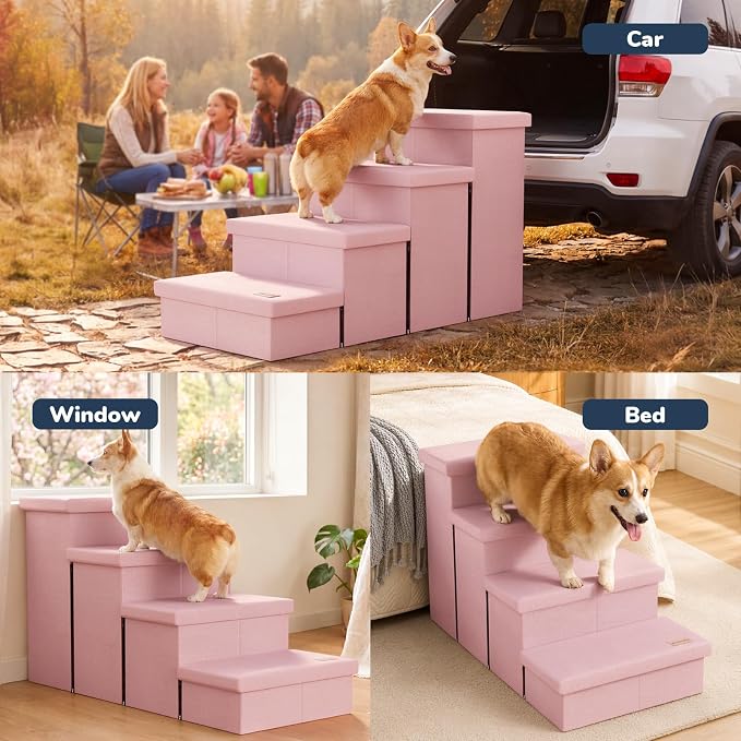 4-Step Wide Dog Stairs with Storage 23" H, Non-Slip Sturdy Pet Steps for High Bed Couch Window, Pet Stairs for Small/Medium/Large Old Dogs Cats Up to 220lbs, Cat Dog Steps for Car/SUV, Pink