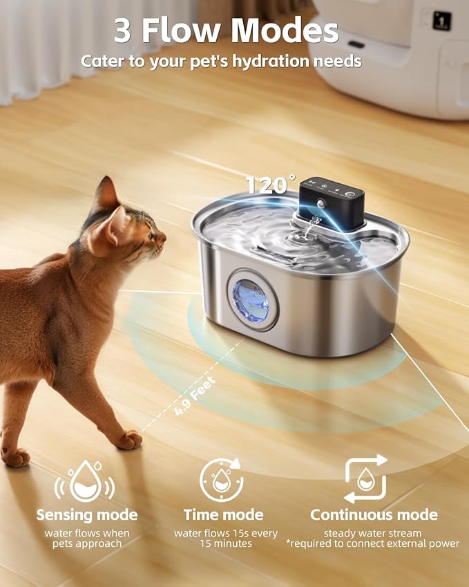 Cordless 3.2L/108oz Stainless Steel Cat Water Fountain Pet Fountain | Rechargeable Pet Water Dispenser - Motion Sensor Activation - Multi-Layer Filtration - Ultra-Quiet Pump (1 Filters)