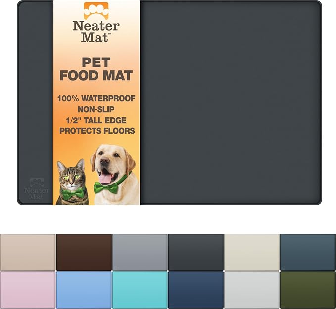 Neater Pet Brands Neater Mat Pet Mats for Food and Water, Cat & Dog Bowl Mat Waterproof Silicone, Feeding Tray, Dog Food Mats for Floors, Placemat w/Raised Edge for Under Bowls, 19” x 12”, Black