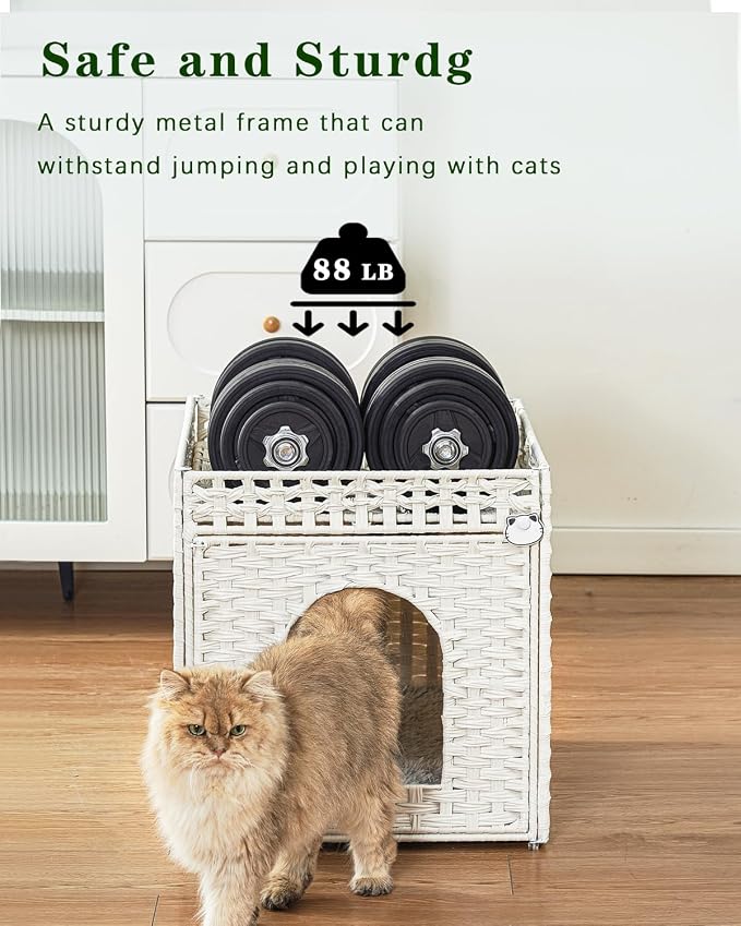 SETVSON Cat Houses for Indoor Cats Extra Large Double Cat Cave, White | Decorative Furniture Look, Private Hideaway for Shy Cats, Soft Dual-Purpose Cushion, Easy Wipe-Clean PE Rattan, Collapsible