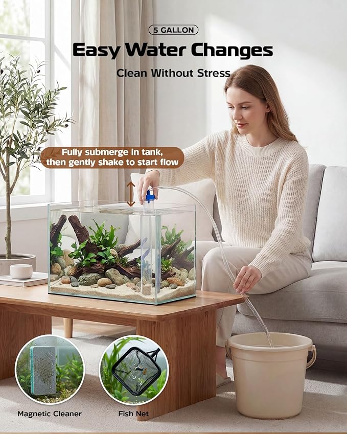 Glass Fish Tank Kit, 5 Gallon Betta Fish Tank Aquarium Starter Kit with Filter, Lights, Lid, for Betta, Goldfish, Small Fish or shrimg，Clear