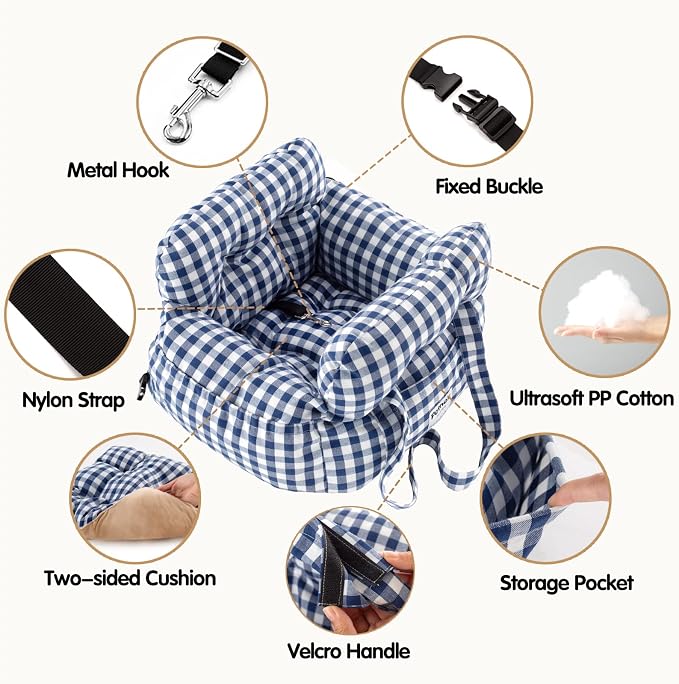 Dog Car Seat for Small Dogs, Portable Puppy Car Seat of Easy Installation, Fashionable Pet Carrier Bag with Large Pockets, Machine Washable Dog Booster Seat (Checkered Navy)