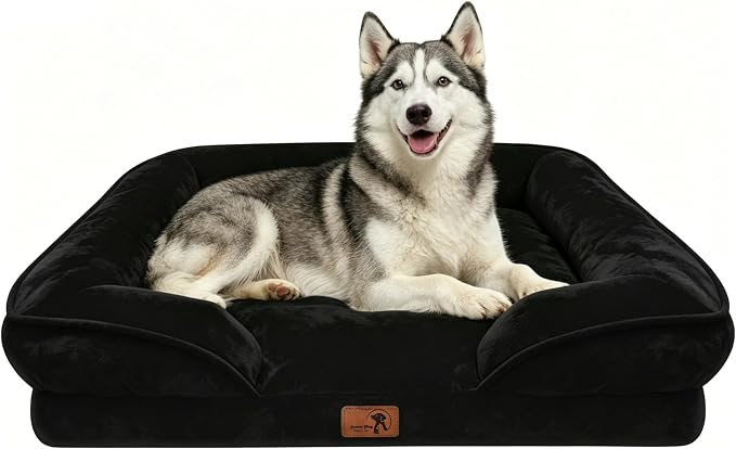 Spotted Play Orthopedic Dog Bed with Sides - Sofa Beds for Large Dogs, Supportive Foam Pet Couch Bed with Washable Removable Cover, Waterproof Lining and Non-Slip Bottom, Black - L-Plus