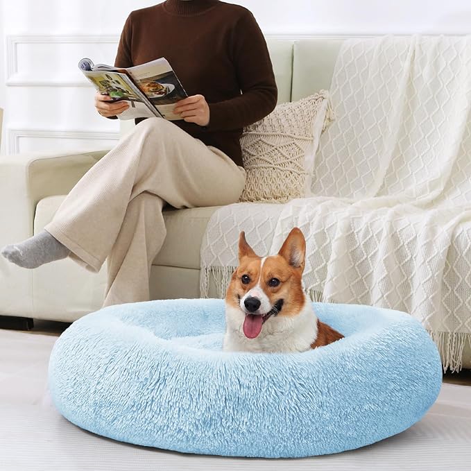 JOLLYVOGUE Dog & Cat Bed, Calming Anti-Anxiety Pet Bed for Small Dogs, Fluffy Donut Cushion for Small and Medium Pets (23")