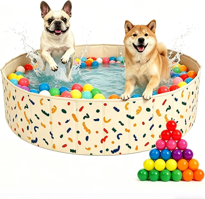 Foldable Dog Pool & Dog Ball Pit with Balls Included, Portable Multifunctional Ball Pit for Dogs & Cats, Anti-Collapse Non-Slip Pet Play Pool(Beige L+132 Balls)