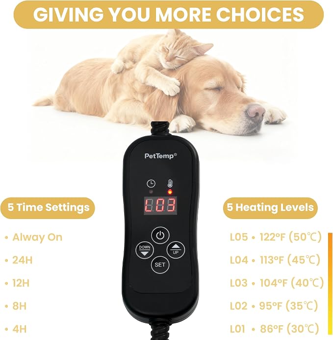 Pet Heating Pad for Cats and Dogs, Heated Cat Bed & Dog Heating Pad with 5 Temperature Levels, Waterproof Heated Pet Mat with Timer, Auto Power-Off and Chew Resistant Cord, 20'' x 16''