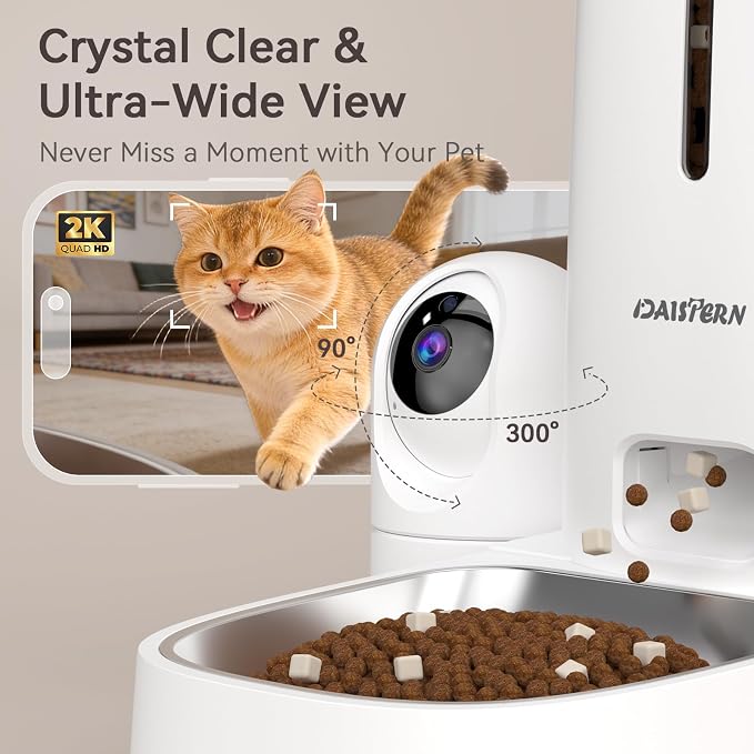 Automatic Cat Dog Feeder with Camera 4L, 2.4G/5G WiFi Smart Pet Food Dispenser with Night Vision, 2-Way Audio, Meat Call and Motion Alert, Stainless Steel Bowl, Dual Power Support, AI Feature