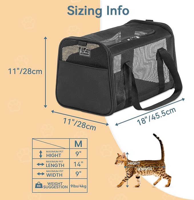 PETSFIT Soft-Sided Cat Carrier, Airline Approved | For Travel, 3 Carrying Ways, Lightweight and Ventilation on 5 Sides, Escape Proof, With Soft Fleece Pad
