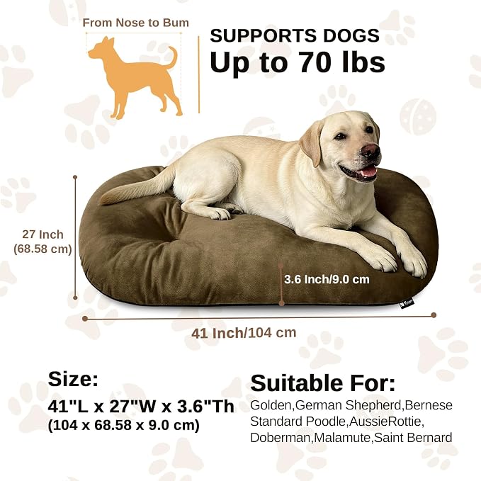 Washable Oval Dog Bed forX-Large Dogs,Silver-Tipped High-Resilience,Brown | Non-Slip Bottom Prevents Sliding, Soft Plush Short Fur, Machine Washable, Ideal for Crates/Apartments/Cozy Nooks,41"x27"x3.6"