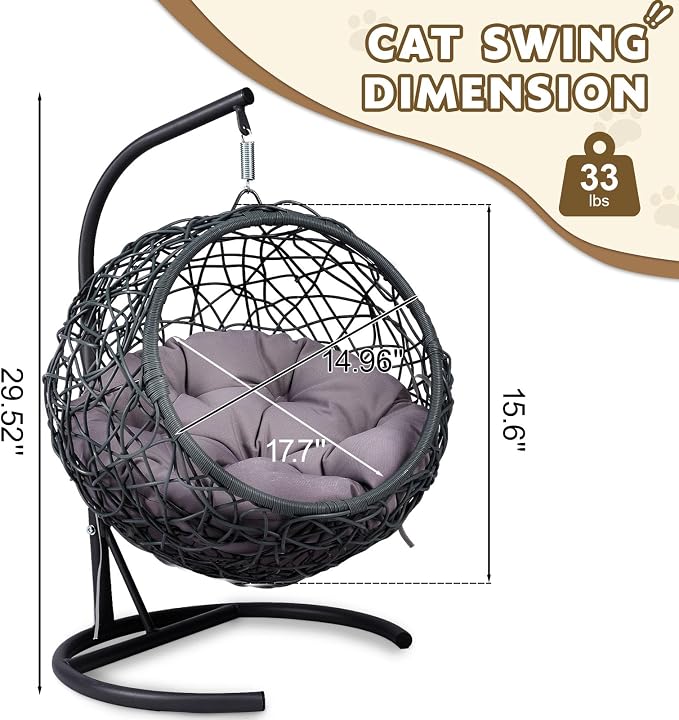 Anwick Cat Swing Bed with Stand & Cushion Indoor Outdoor, Egg Chair(Gray) | with Rattan Wicker Appearance, Indoor Hanging Swinging Hammocks for Cat, Dogs, and Small Animals Bedroom Porch