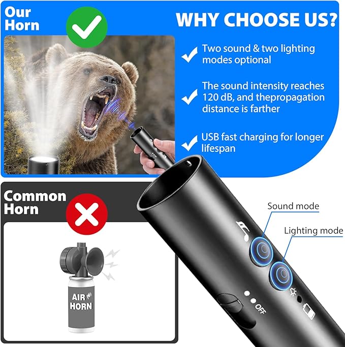 Electronic Bear Air Horn,120dB Rechargeable Whistle with Flashlight for Hiking & Camping, Wildlife Deterrent & Emergency Safety Device, Can Replace Bear Bell