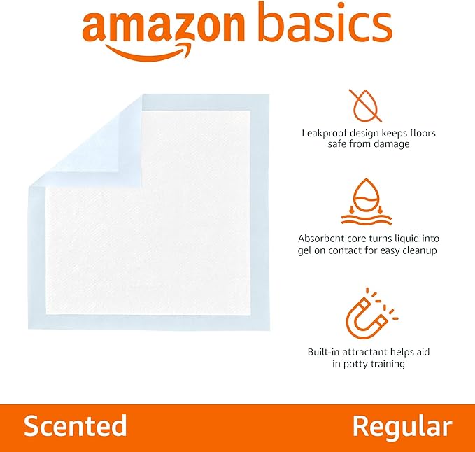 Amazon Basics Scented Dog and Puppy Potty Training Pee Pads, 5-Layer Leak-Proof Super Absorbent with Quick-Dry Surface, Regular Size 22 x 22 Inch, Blue & White, 50 Count