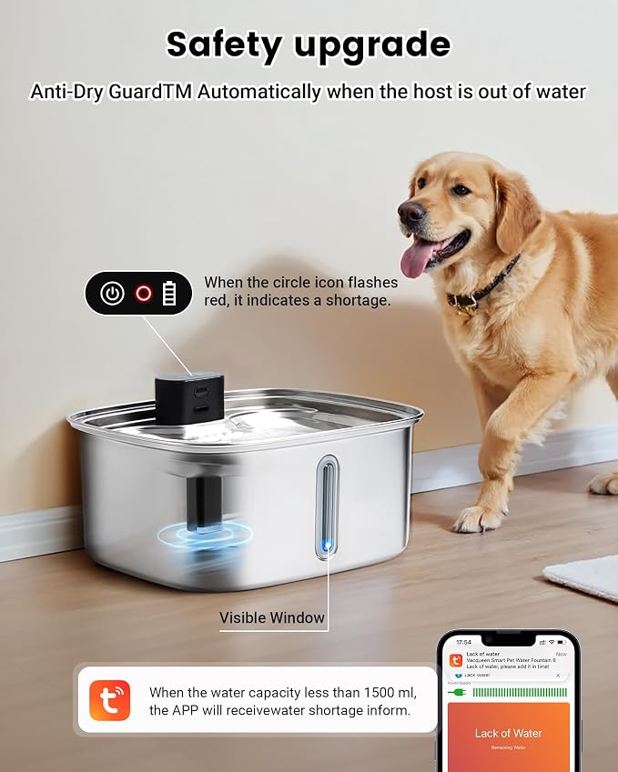 Smart Dog Water Bowl Dispenser Large, 10L/ 2.64Gal Cordless Dog Water Fountain Stainless Steel with APP Monitoring, 4000mah Automatic Cat Water Fountain for Mutil-Pets Large Dogs, 3 Fountain Modes