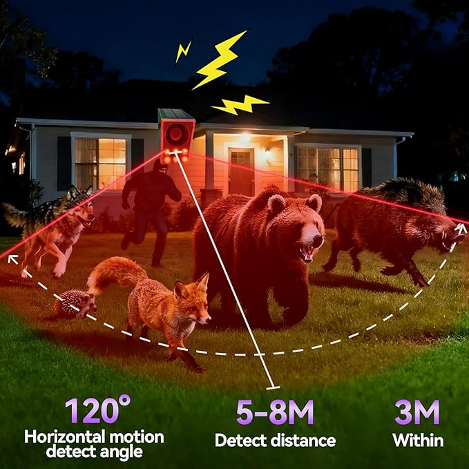 Solar Motion Sensor Alarm Outdoor,Dog Barking/Gunshoot,with Remote Control,Support Recording,130 Loud Noise Maker,±Volume,6LED Strobe Lights and USB,Say Goodbye to Intruders,for Villa,Yard,Farm,Barn
