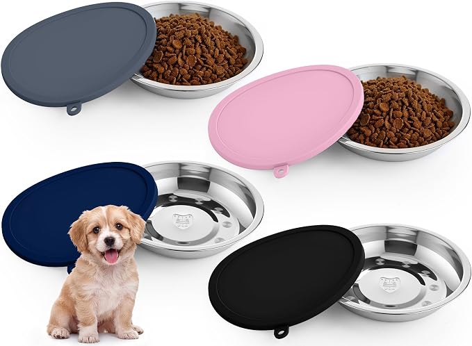 Patelai Stainless Steel Dog Bowls with Silicone Lids for 1.9 Cups Portable Food and Water Dishes for Pets Sealable Containers for 6.3" for Cats & Small Dogs(8 Pcs,Black,Gray,Dark Blue,Pink)