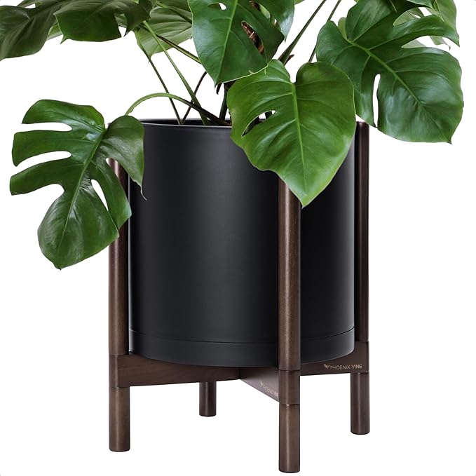 D'vine Dev Plastic Pot with Walnut Wood Stand, Black, 14 in, 55-C-R-2 | Mid-Century Inspired Design, Elevated Plant Display, Clean Lines, Sturdy Support, Modern Space-Saving Style