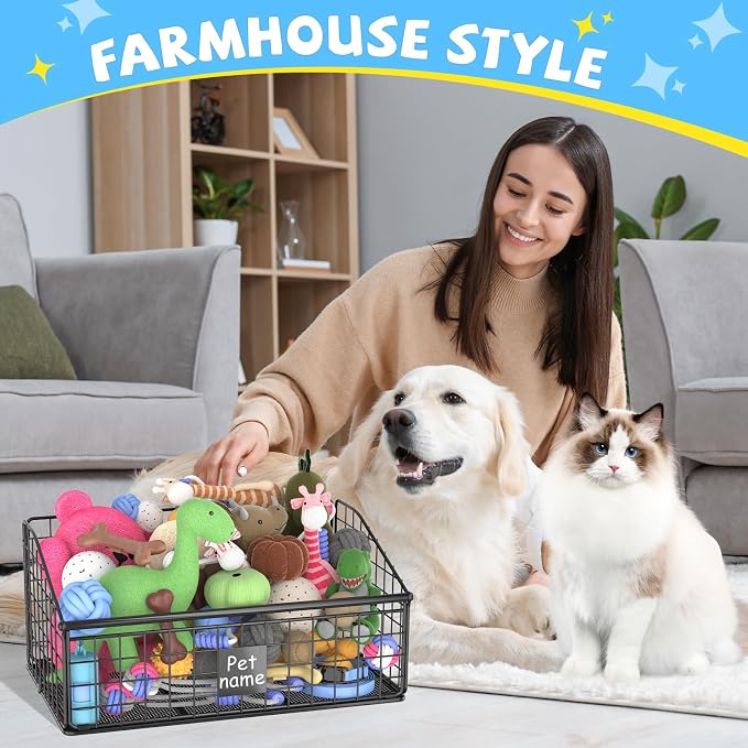 Kaiferty Indestructible Dog Toy basket, Medium Toy Box for Dogs,Pet Toy Bin Dog Metal Basket for Toys, Toy Storage Organizer, Toy Box for Living Room Area (Black)