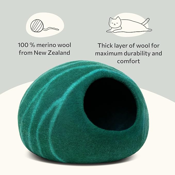 Cat Cave – Premium Felt Cat Bed Enclosure for Indoor Cats, Handmade Merino Wool (Emerald, Large)