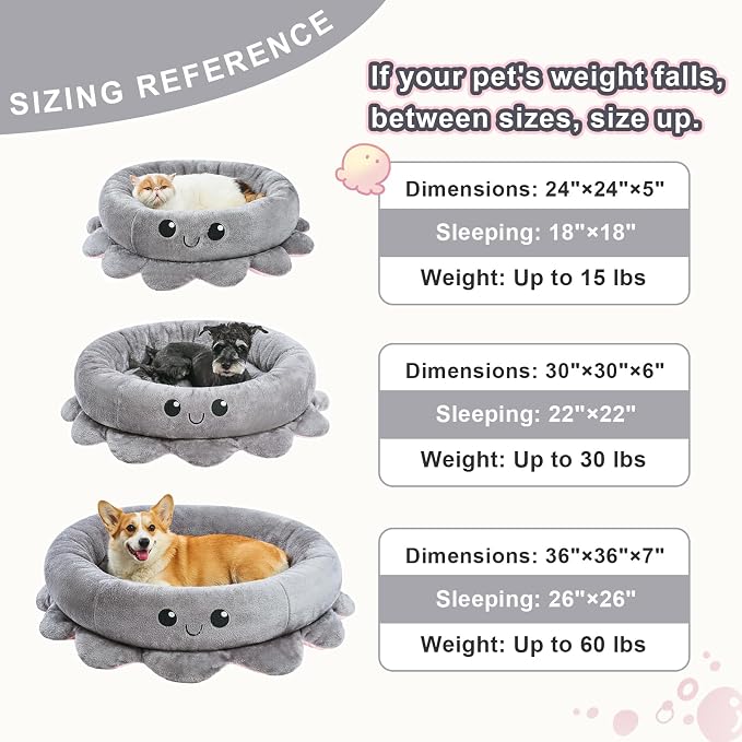 Cute Calming Dog Beds Clearance for Medium Small Dogs, Anxiety Bolster Dog Bed with Octopus Shape, Grey, M, Boho, Round Pet Bed Cat with Removable Cushion