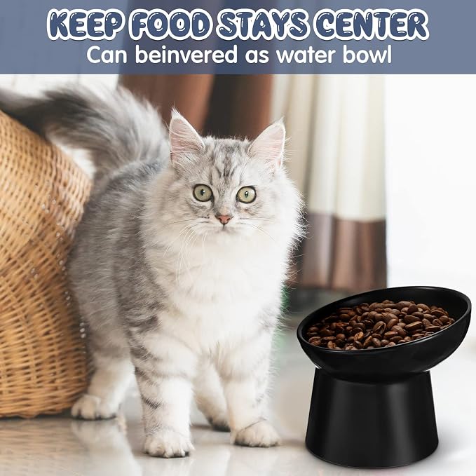 4 Pcs Ceramic Raised Cat Bowls, Elevated Tilted Cat Bowl for Food Water, Stress Free, Backflow Prevention, Dishwasher Microwave Safe, Feeder Dish for Indoor Kitten, Small Dogs(White and Black)