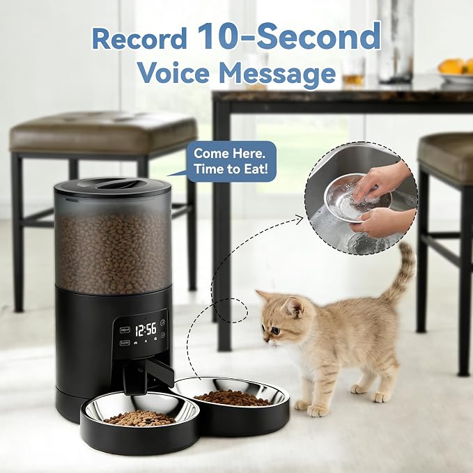 Sweetcrispy Automatic Cat Feeder for 2 Cats, 6L Automatic Pet Feeder, Black | 25.3 Cups, 2 Stainless Bowls, Programmable Schedule, 6 Meals/Day, 50 Portions/Meal, Dual Power Supply, 10s Meal Call