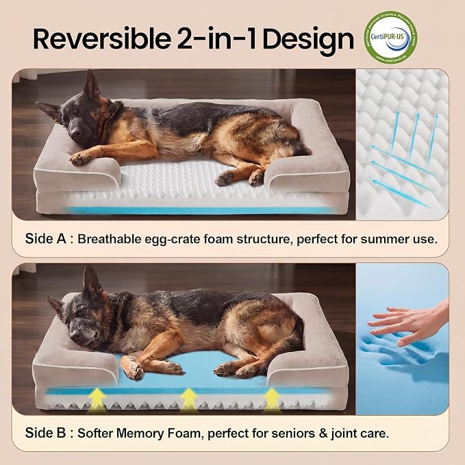 OhGeni Orthopedic Extra Large Dog Bed Couch, Memory Foam, 44-inch (Beige) | Waterproof Pet Bed with Machine-Washable Removable Cover & Soft Comfortable Fabric