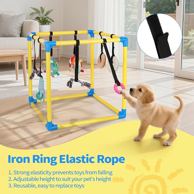 Liitrton Puppy Play Gym for Small Dogs with 8 Hanging Toys, Yellow | 19.5"x19.5"x19.5" PVC Frame, Indoor Puppy Jungle Gym with Interactive Puppies Toys