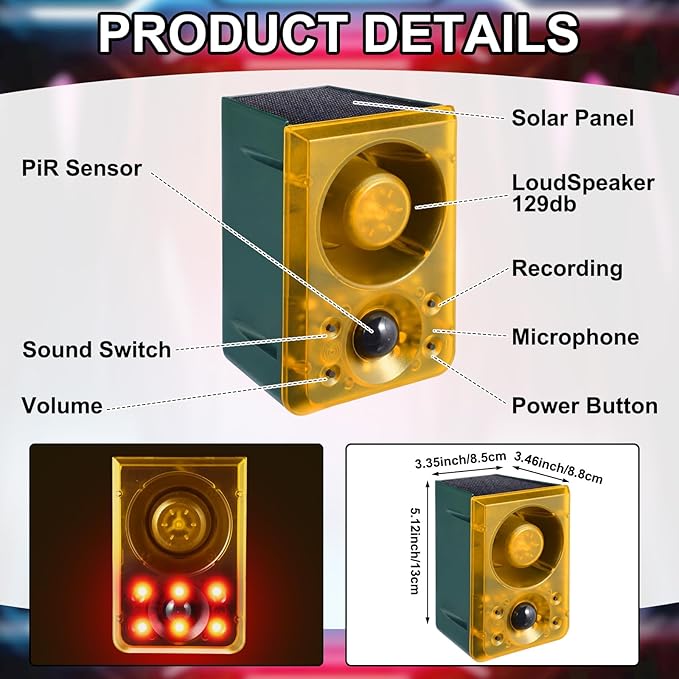 Qualirey 4 Pcs Solar Outdoor Motion Sensor Alarm Animal Deterrent Gunshot Sound Dog Barking 130db Loud Noise Maker 3 Modes with USB Remote Control, Support Recording and Volume Adjustment (Yellow)