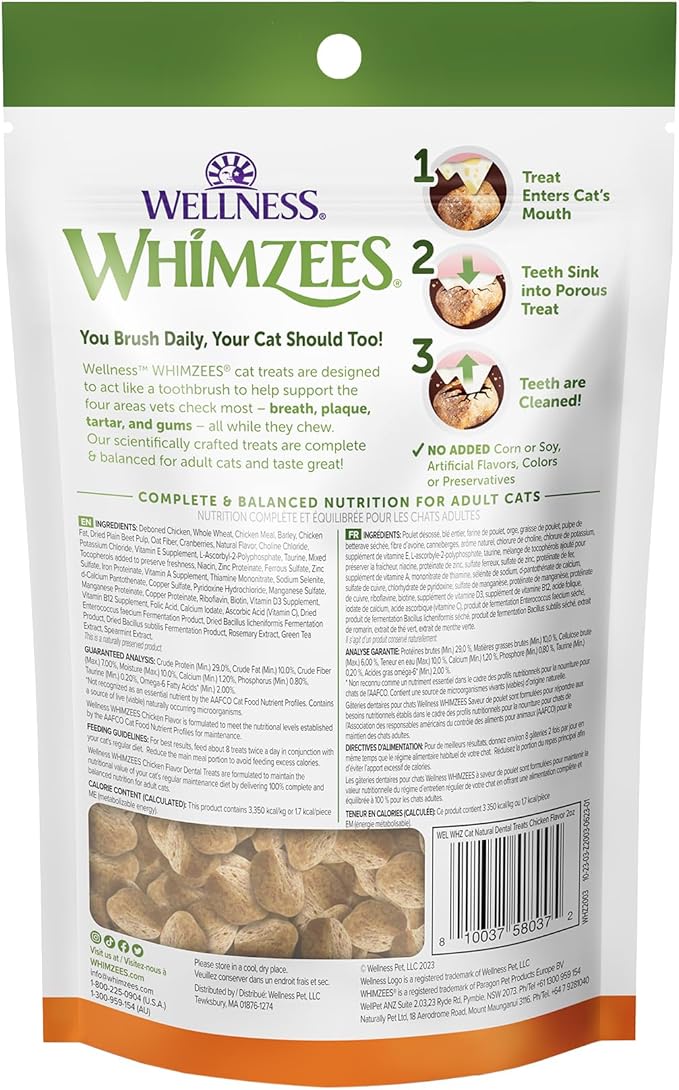 Wellness WHIMZEES Cat Dental Treats, Freshens Breath, Chicken Flavor, 2 oz Bag