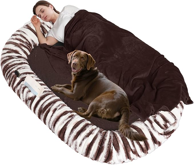 Human Dog Bed for Adult, Orthopedic Gel Memory Foam, 71"x47"x9" | Human Dog Bed Fits Adult & Pets, Reversible Egg-Crate Foam Cushion, Washable Pet Bed with Blanket, Tie-dye Brown