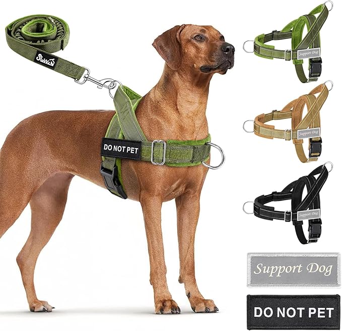 SlowTon No Pull Dog Harness with Front Clip - Heavy Duty, Soft Padded | Neck & Chest Adjustable, Tactical Pet Vest and Leash Set for Large Medium Sized Dogs, for Easy Walk & Training, Green M
