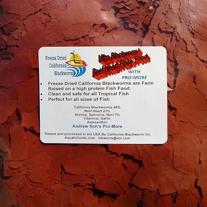 Aquatic Foods Inc. California Blackworm & Beef Heart Mix Premium Flakes with Andrew Soh's Pro-More for Size and Girth in Discus, Cichlids, for All Community Tropical Fish 1/4-lb