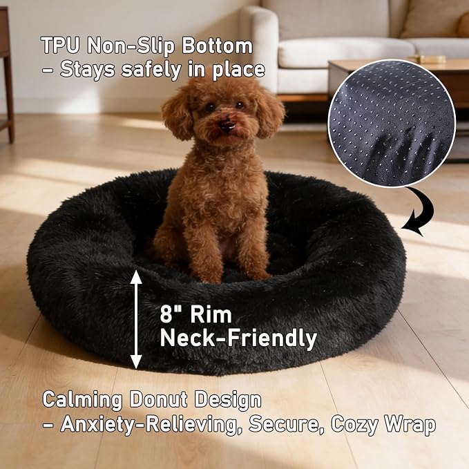Calming Donut Dog Beds for Small Dogs Cats - Washable Removable Cover Non-Slip Bottom, Round Pet Bed Puppy Bed Warming Fluffy Faux Fur Anti-Anxiety, Fits up to 25 lbs (Black, 23")