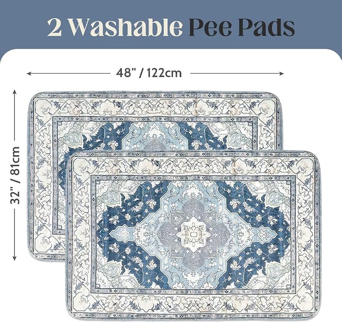 Washable Pee Pads for Dogs, 2 Pack Reusable Puppy Training Pads 48"x32" Super Absorbent Waterproof Dog Training Pads, Non-Slip Potty Pads, Whelping Pads Litter Mat Navy & Ecru