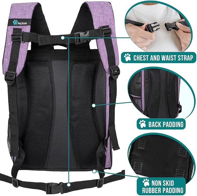 PetAmi Dog Backpack Carrier for Small Medium Dogs Large Cats up to 18 lbs, 2 Side Entry, Structured No-Collapse Frame, Airline Approved Ventilated Pet Backpack for Hiking Camping Travel, Purple