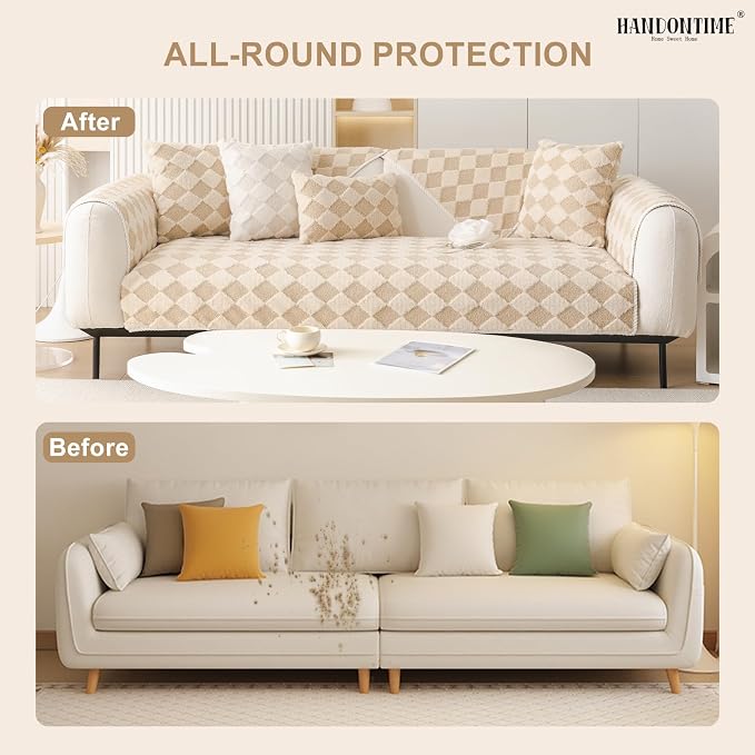 HANDONTIME Non-Slip Pet Couch Cover Washable, Plush Faux Fur Couch Protector for Cushion Pet-Friendly Sofa Covers for Dogs, Checkered Diamond Sectional Covers Dog Mat for Sofa (Khaki, 35.6" x 63")