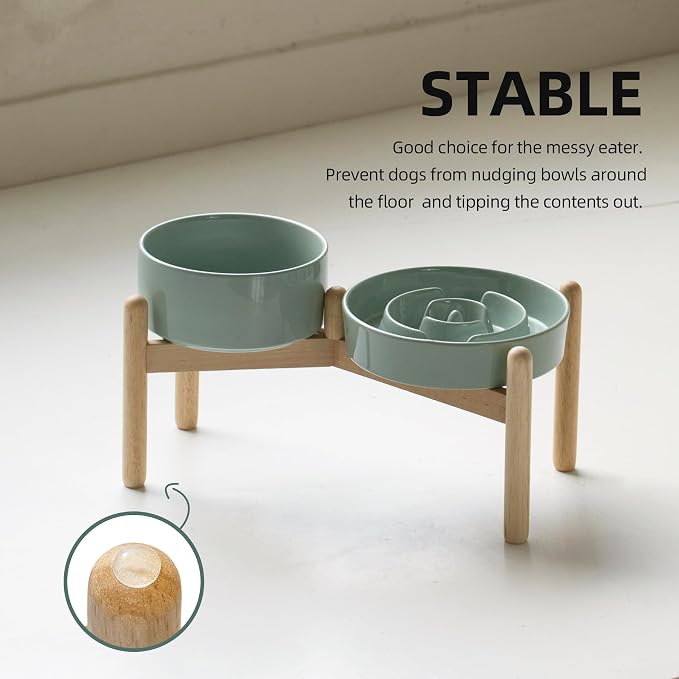 Havniva Elevated Slow Feeder Dog Bowls, Ceramic Dog Bowl Slow Feeder Set | 1.2 Cups Raised Slow Feeder Dog Bowl for Small Breed, 6.1” Dog Water Bowl with Wooden Stand, Puzzle Dog Food Bowl, Non-slip