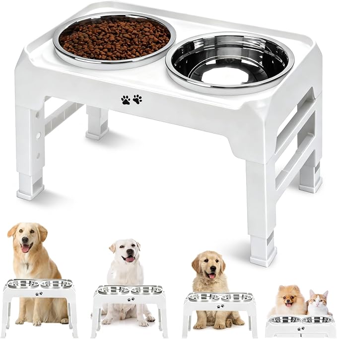 COMESOON Elevated Dog Bowls, 4 Height Adjustable Raised Bowl Stand with 2 Thick 50oz Stainless Steel Food Bowls Non-Slip Feeder Adjusts to 3.7'', 9.2'', 10.75'', 12.36'' White