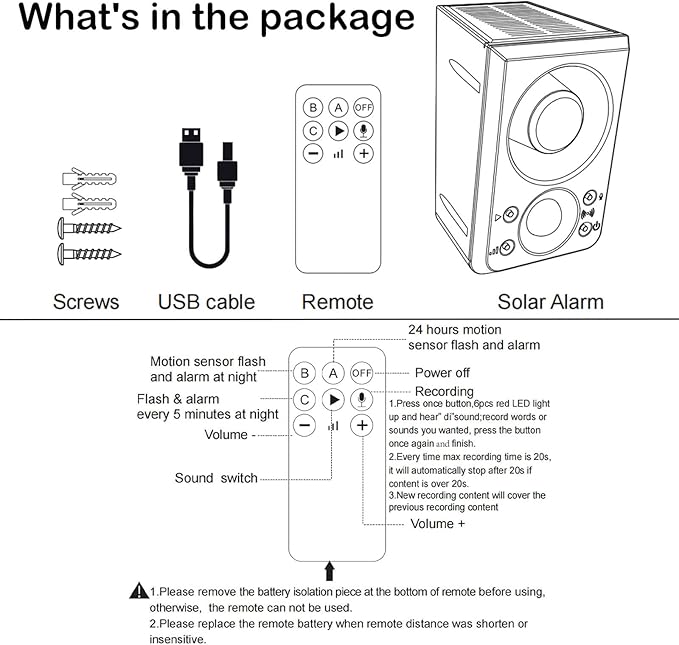 Solar Outdoor Motion Sensor Alarm - Dog Barking & Gunshot Sound 130db Motion Detector Alarm Light,with Remote Controller for Home, Villa,Yard,Chicken coop,Farm,Barn