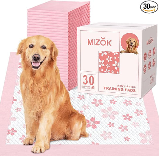 MIZOK Pink Puppy Pads with Adhesive Tabs Disposable Pee Pads 36x36in 30Ct | Giant Potty Pads Feature Sticky Corners and Extra Thick Layers Ideal for Multiple Pets or Big Dog Poop Pads Needs