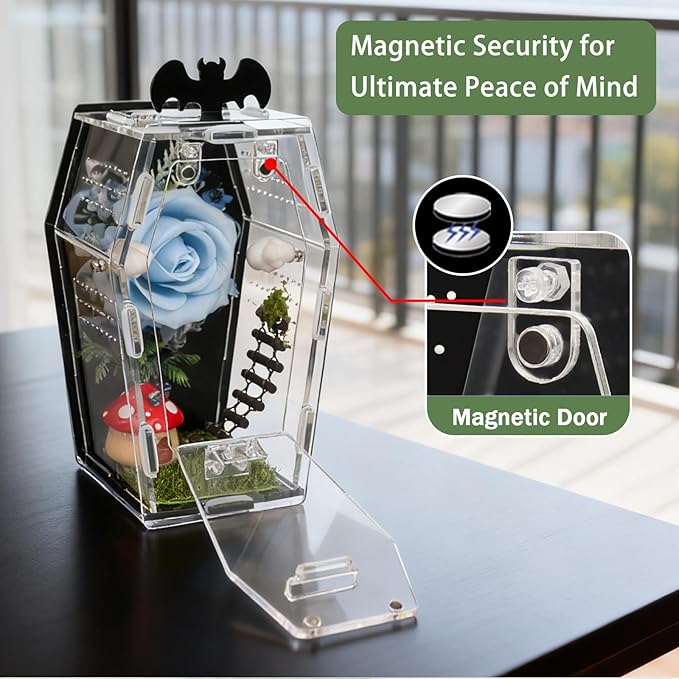 Coffin Shape Jumping Spider Enclosure, Acrylic Magnetic Terrarium with Feeding Hole, Front Opening Gothic Habitat for Tarantula Mantis Beetle