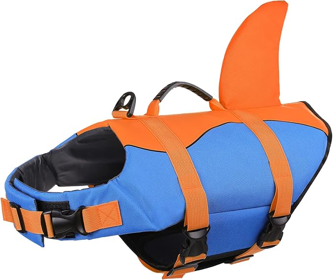 Dog Life Jacket, Adjustable Dog Life Vest, Pet Lifesaver for Swimming, Shark Life Jacket with Rescue Handle, Rip-Stop Safety Vest for Small Medium Large Dogs